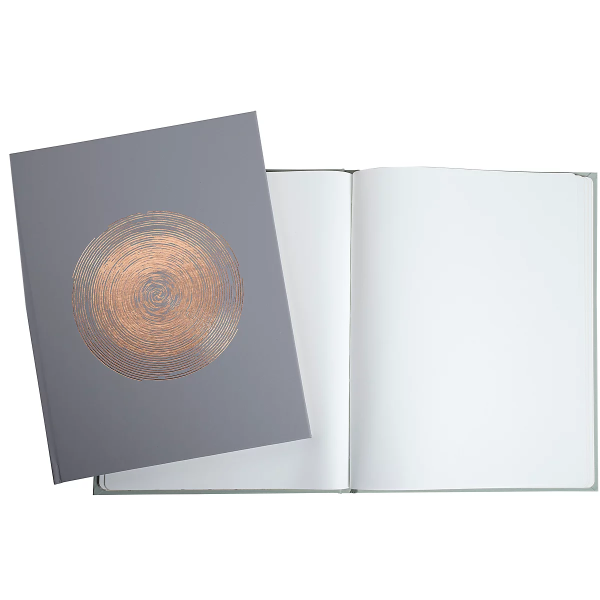 Un cahier gris avec un motif circulaire cuivré sur la couverture. Les pages sont vierges et blanches.