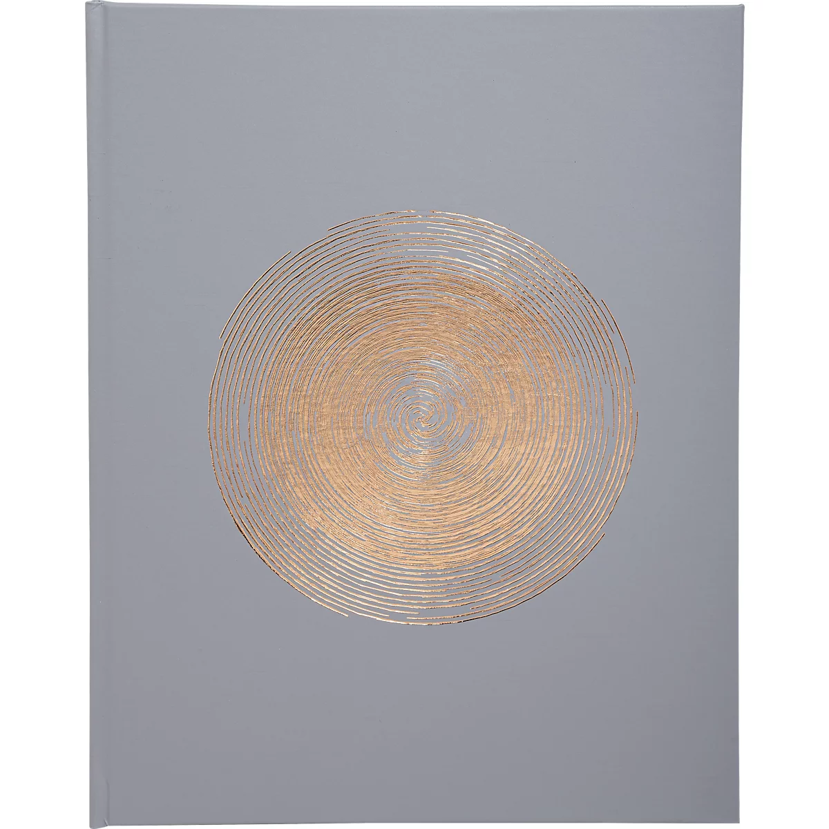 Fond gris, avec un motif en spirale doré.