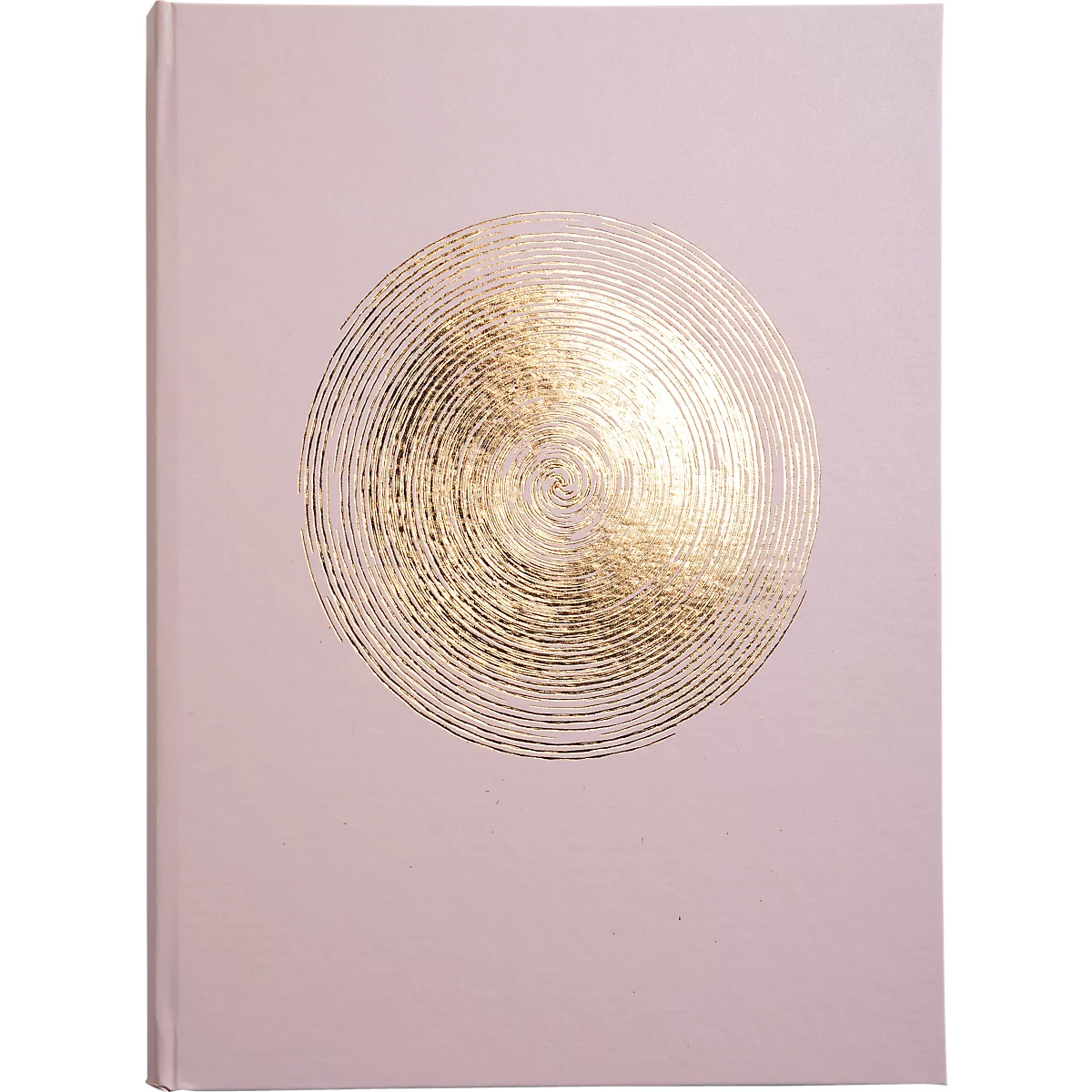 Livre rose clair avec motif en spirale doré. Le livre est en portrait. Le motif en spirale est en haut au centre.
