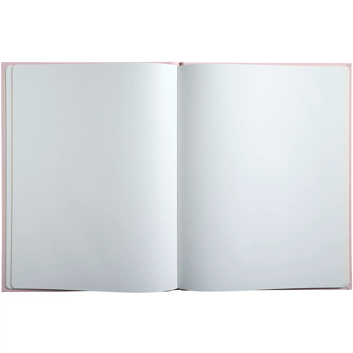 Carnet rose ouvert et vierge ; pages blanches.