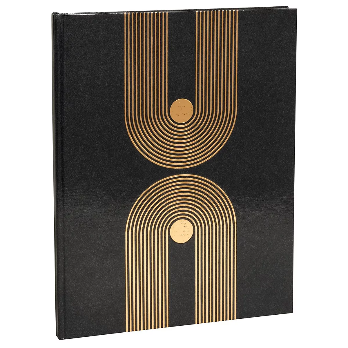 Un livre noir avec des motifs dorés en forme d'arche. Une sphère dorée en haut et en bas.
