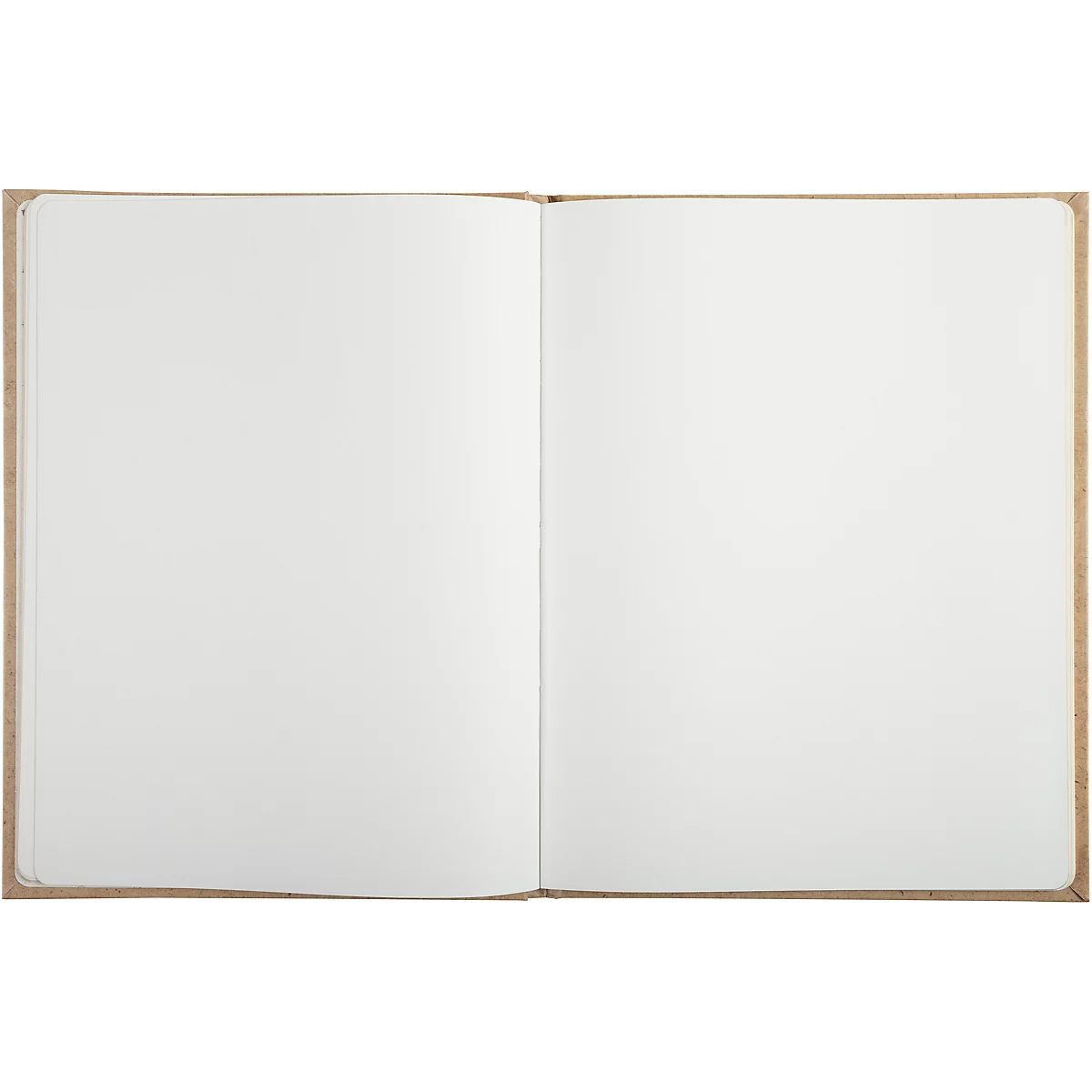 Carnet ouvert avec des pages blanches et vierges. La couverture est marron.