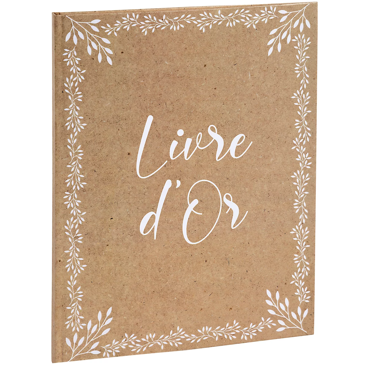 Livre brun avec bordure florale blanche et l'inscription 'Livre d'Or'.
