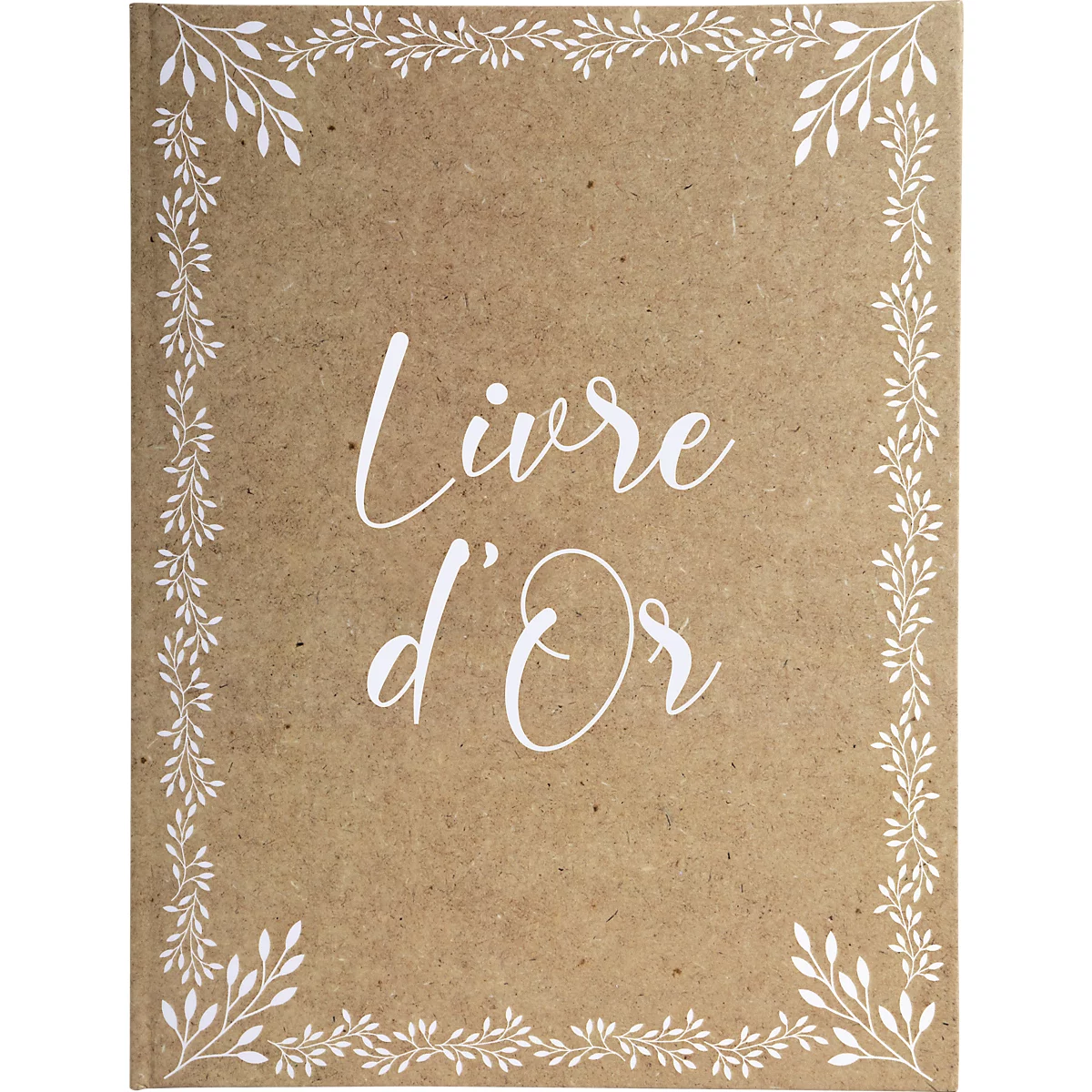 Livre brun avec cadre floral blanc et 'Livre d'Or' en écriture cursive.