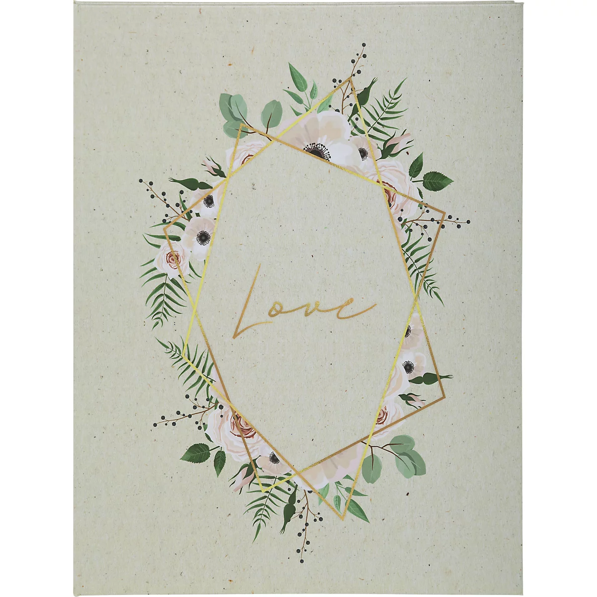 Fond vert clair avec cadre doré, fleurs et l'inscription "Love".