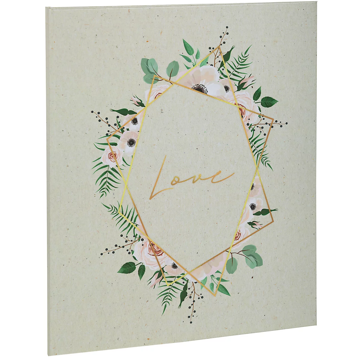 Livre gris clair avec un cadre doré et l'inscription "Love", entouré de fleurs et de feuilles.