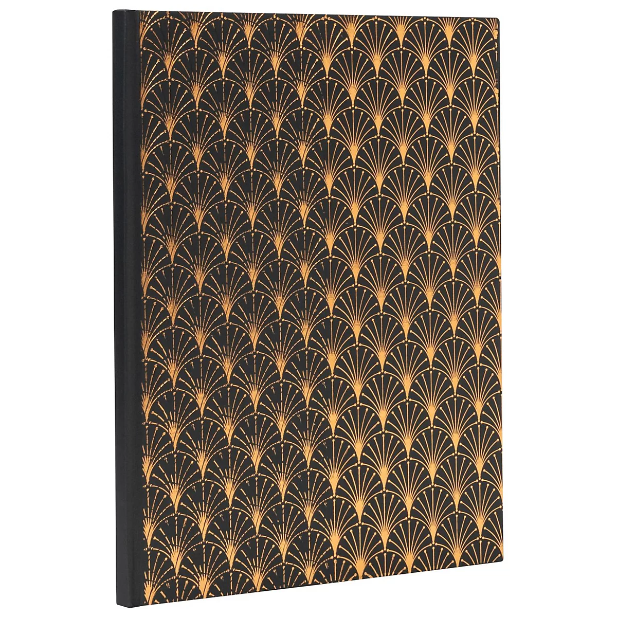 Cahier noir avec un motif art déco géométrique doré. Dos noir.