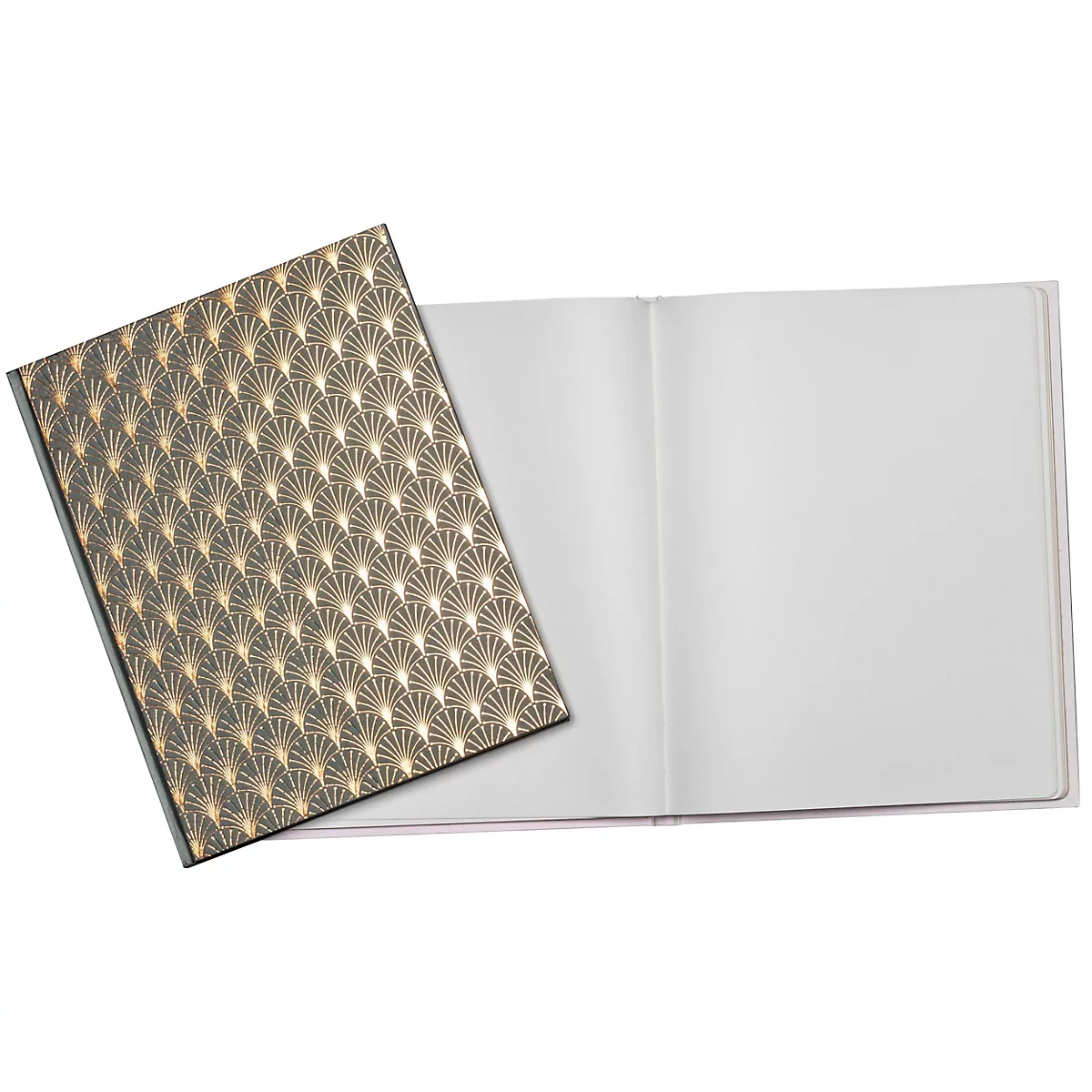 Carnet avec motif Art déco doré sur la couverture. Le livre est ouvert, révélant des pages blanches.