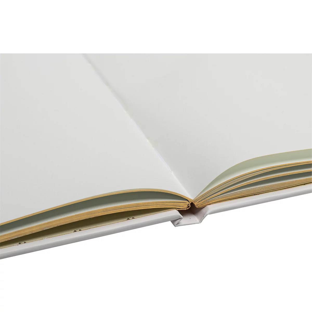 Carnet ouvert avec des pages blanches, des bords de pages jaunes et une reliure blanche.