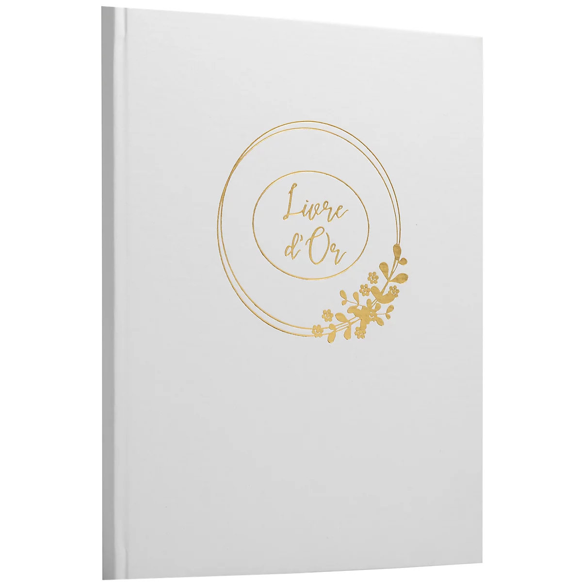 Livre blanc avec lettrage doré : Livre d'Or. Orné d'une couronne florale.