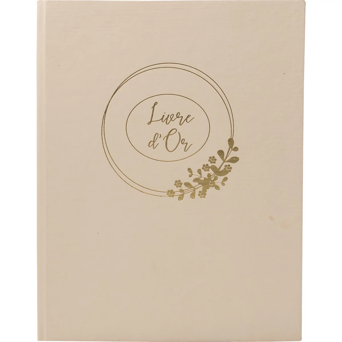 Livre beige avec des détails dorés et le texte "Livre d'Or".