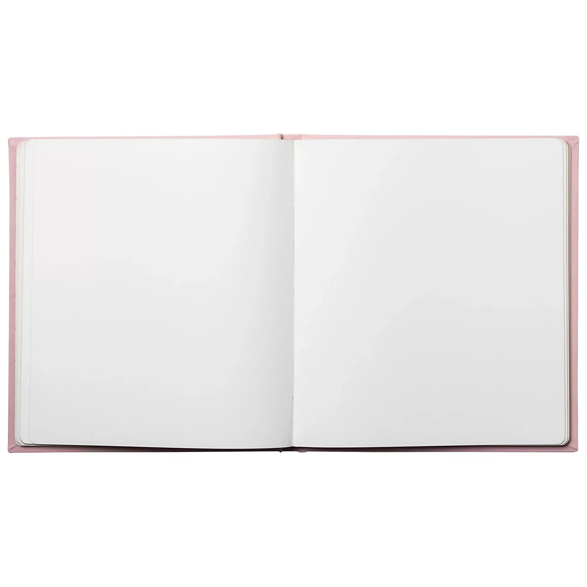 Cahier rose ouvert avec des pages blanches vierges. La couverture et les bords sont roses.