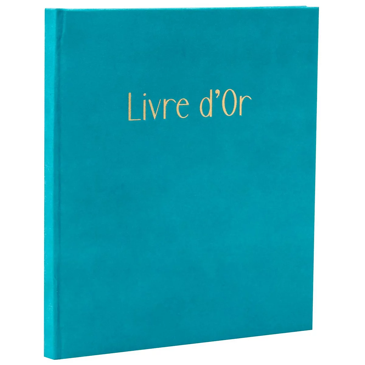 Livre turquoise avec inscription dorée : "Livre d'Or".