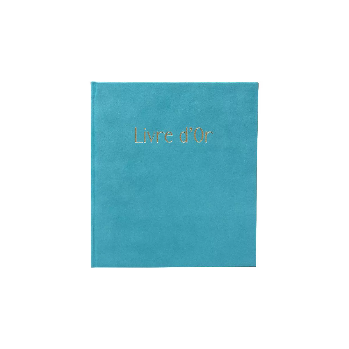 Livre bleu turquoise avec texte doré en relief: "Livre d'Or".