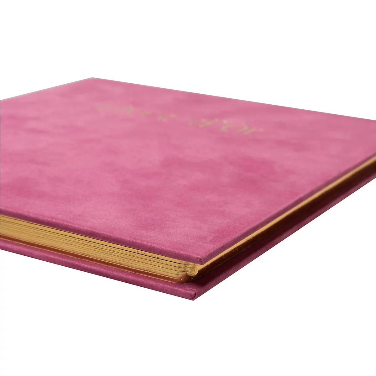 Un livre rose en velours, avec des tranches dorées et des lettres dorées.
