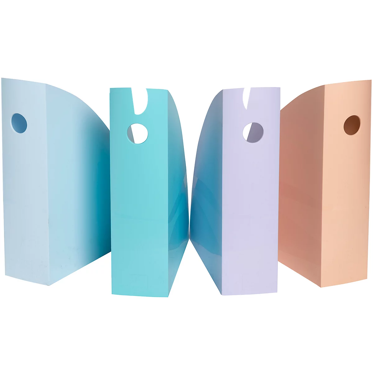 Quatre porte-documents colorés côte à côte. Chacun a un trou ou un renfoncement. Couleurs : bleu, turquoise, violet, pêche.