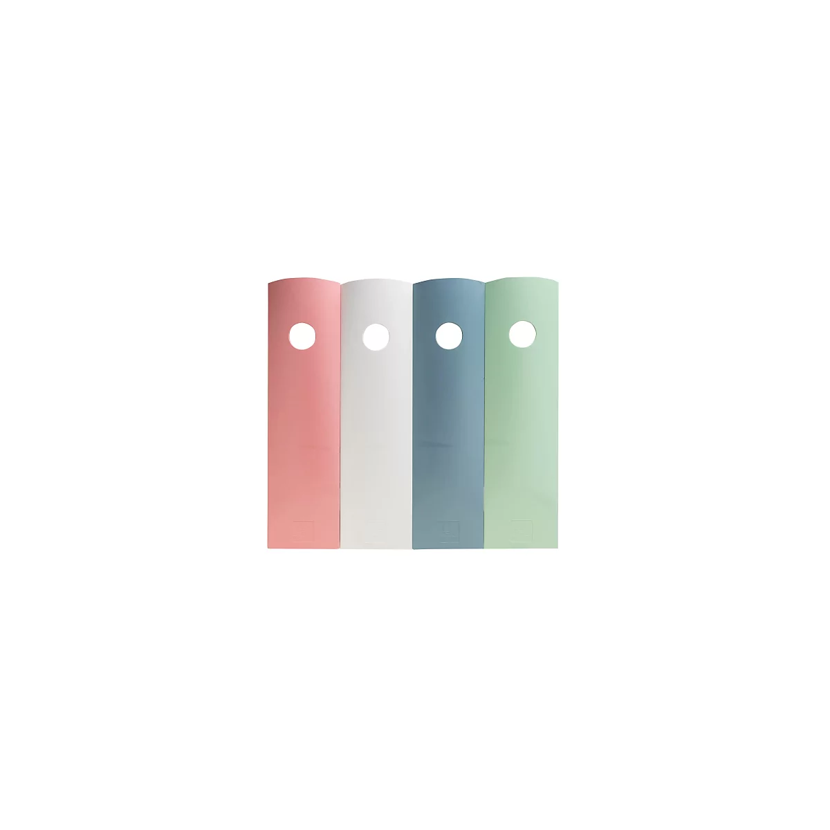 Quatre objets allongés colorés avec un trou rond. Rose, blanc, bleu et vert, le tout sur fond blanc.