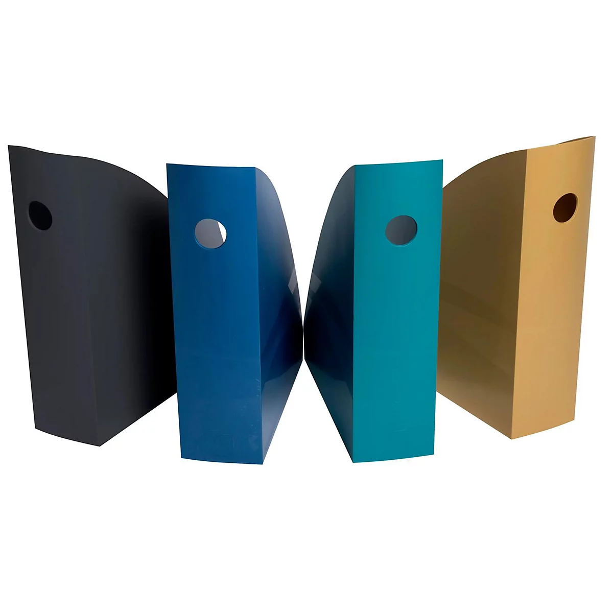 Quatre porte-magazines colorés côte à côte. Chaque support a un trou rond et est de couleur différente : noir, bleu, turquoise et beige.