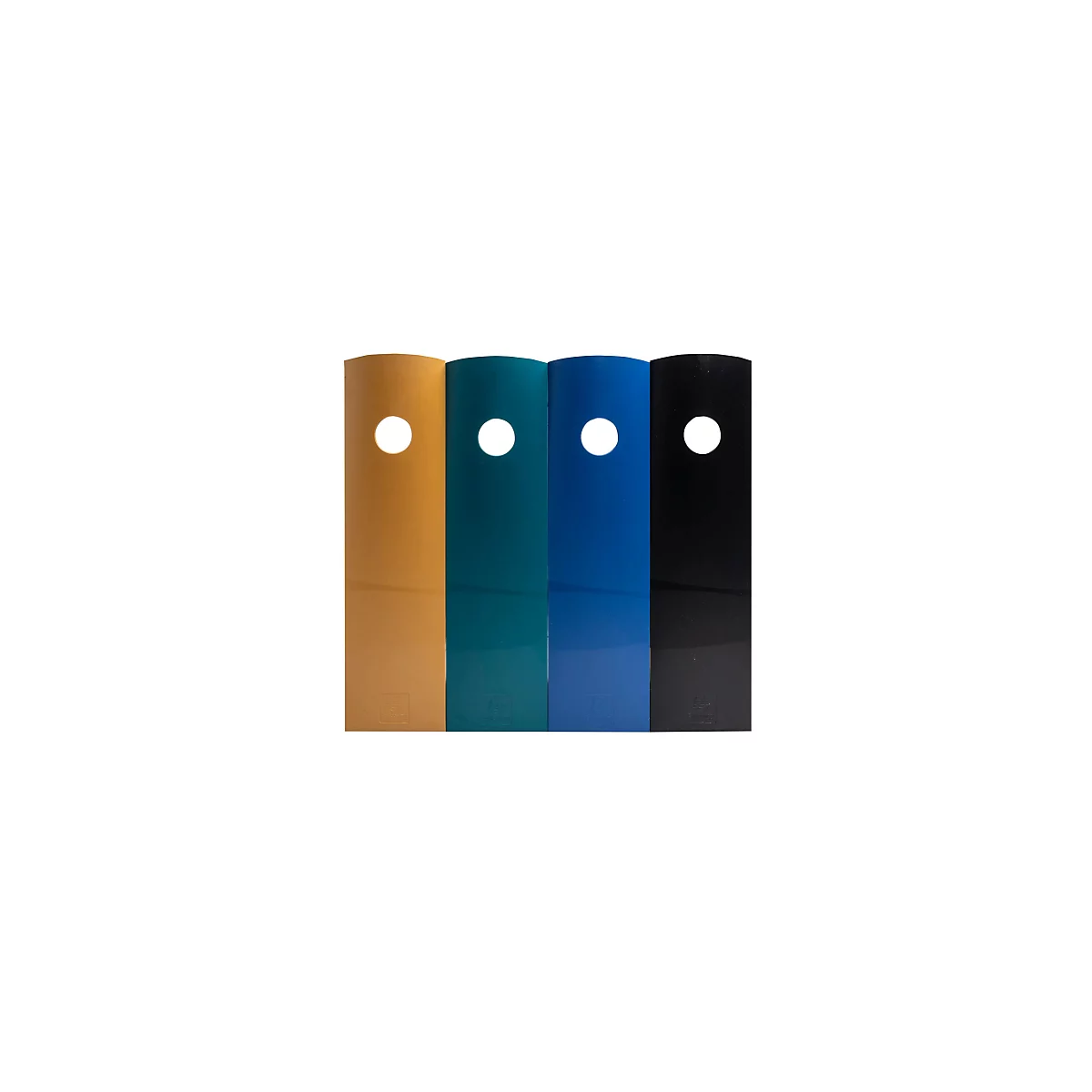 Quatre dossiers de couleur, jaune, turquoise, bleu et noir, avec un trou. Chacun a un logo.