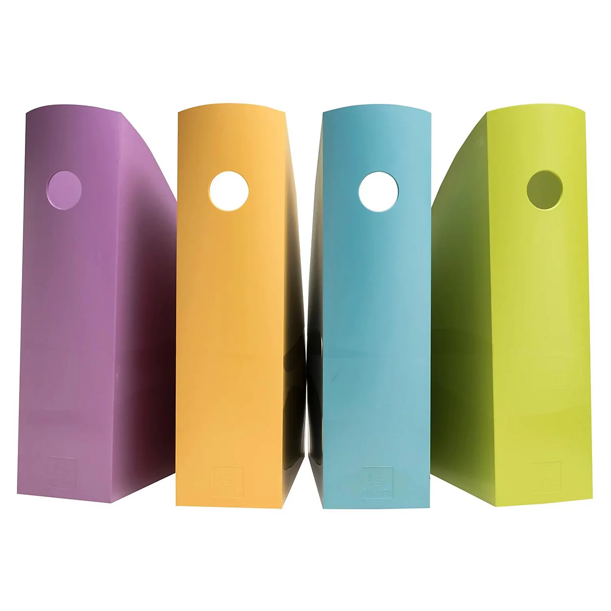 Quatre porte-fichiers colorés disposés. Violet, jaune, bleu et vert avec des ouvertures de poignée circulaires.