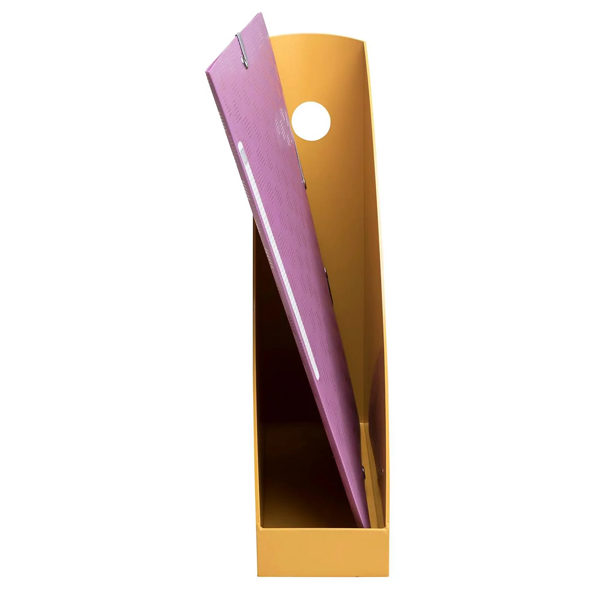 Classeur jaune avec chemise violette. Le dossier en papier est debout. Un trou en haut.