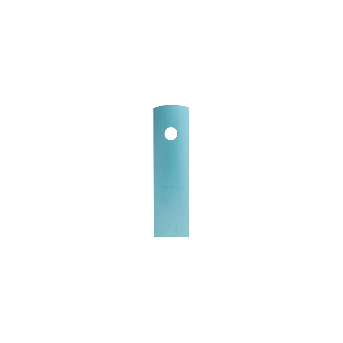 Étiquette allongée bleu clair avec un haut arrondi et un trou. Un petit rectangle en bas.
