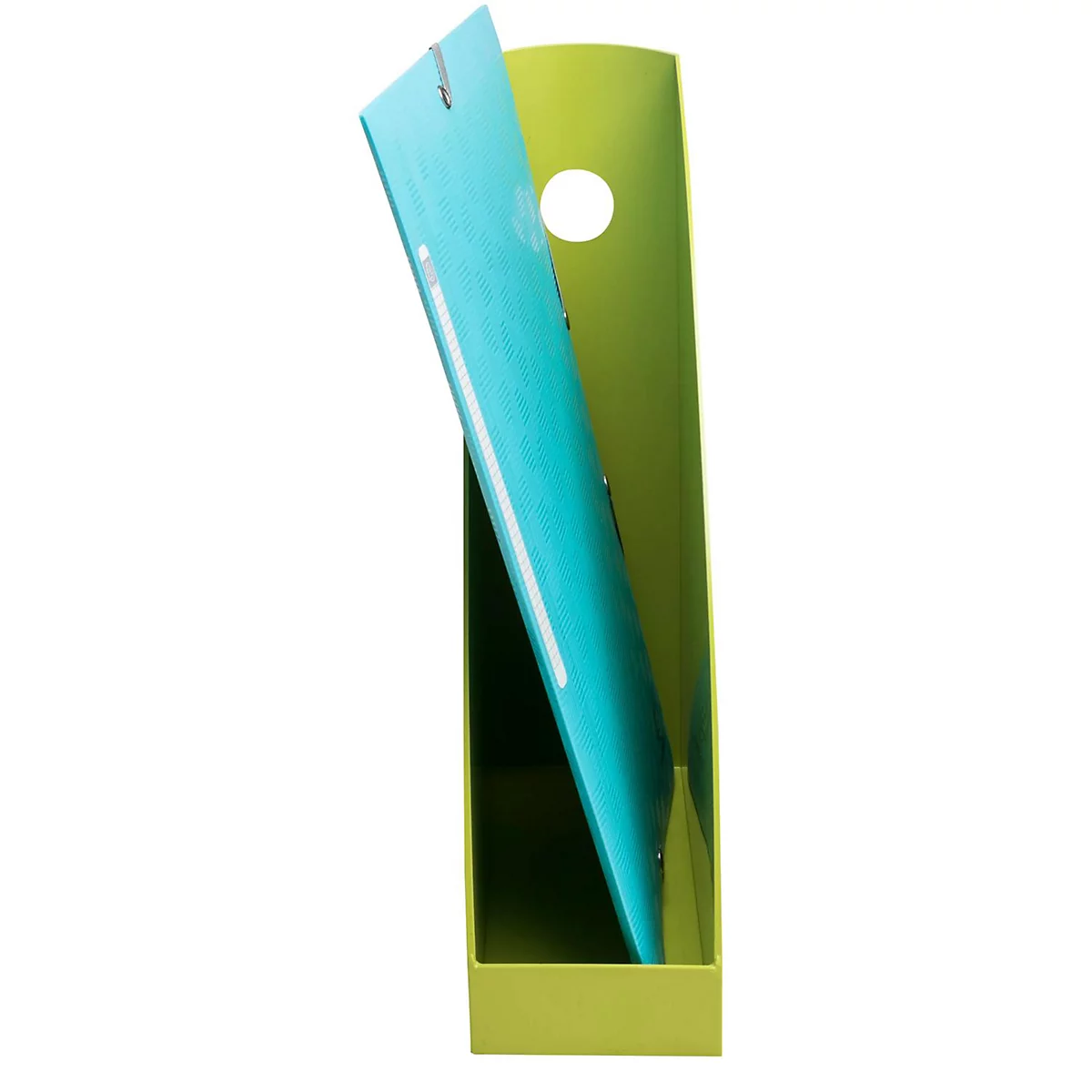 Porte-revues vert clair avec un dossier turquoise. Le dossier est à moitié dans le porte-revues et dépasse en haut.