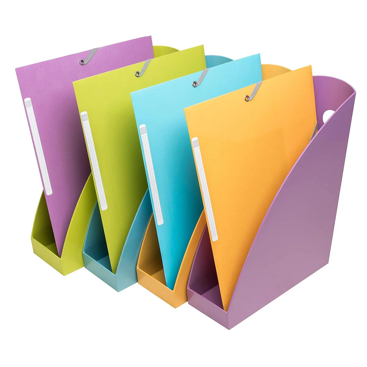 Quatre porte-revues colorés avec des feuilles remplies. Violet, vert, bleu et orange.