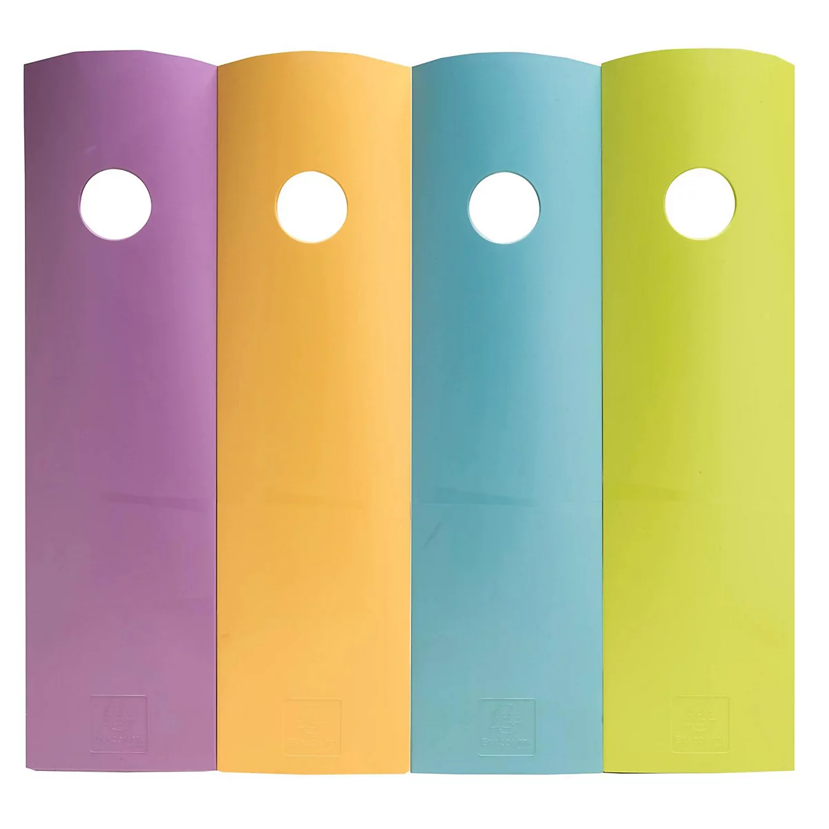 Quatre morceaux de carton courbés colorés avec des trous. Violet, jaune, bleu et vert côte à côte.