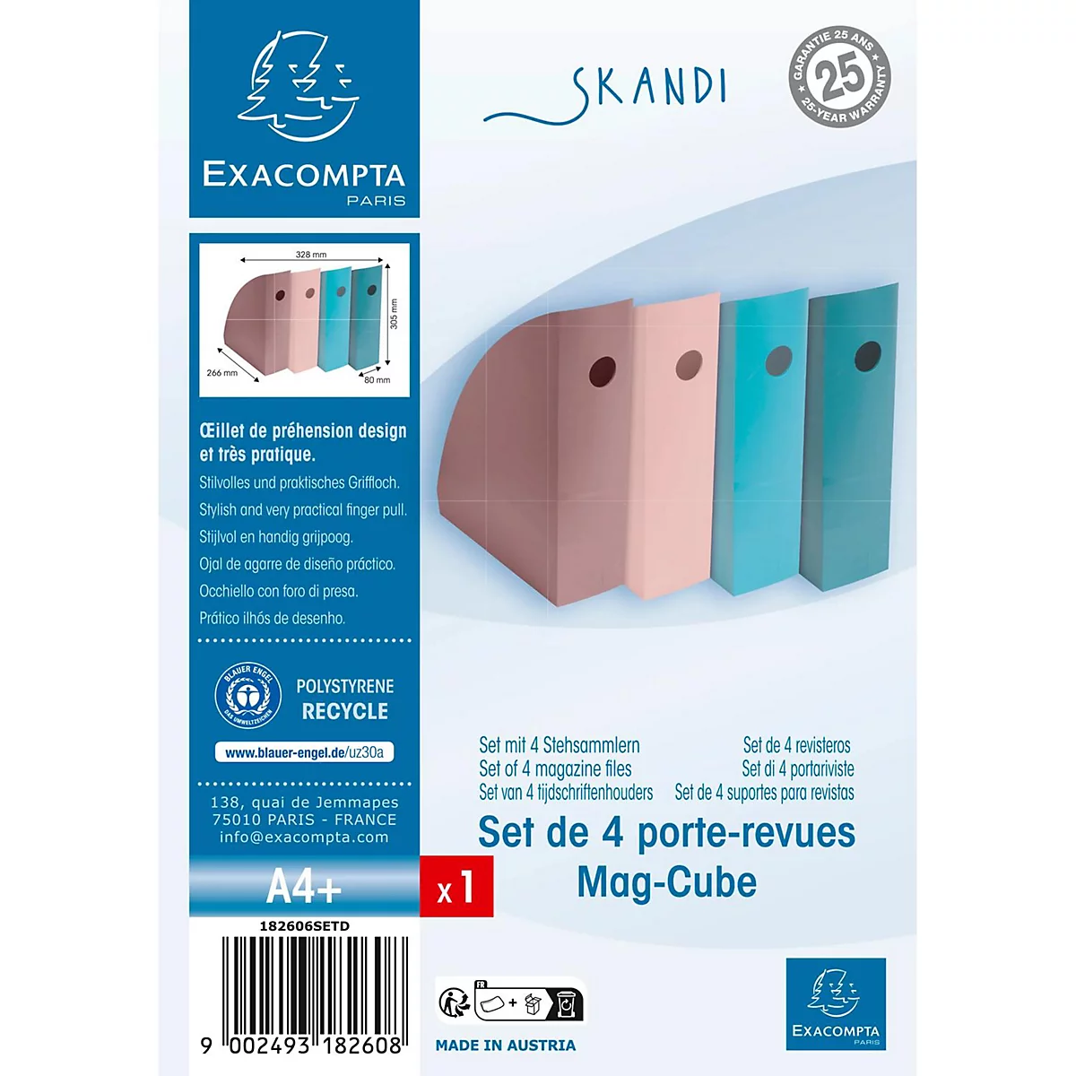 Emballage de produit avec 4 porte-revues colorés. Texte imprimé et logos.