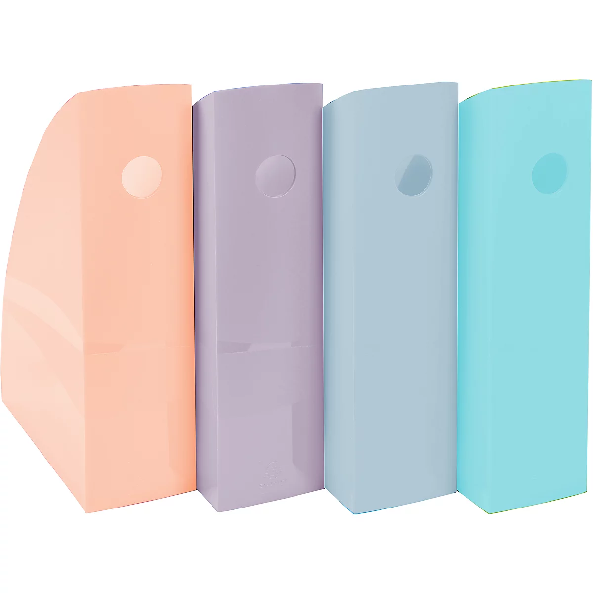 Vier farbige Ordner stehen nebeneinander. Jeder hat ein Loch zum Greifen.