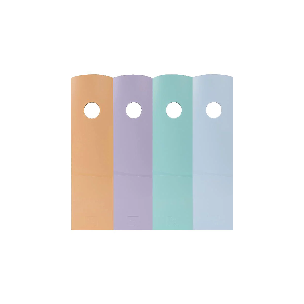 Vier farbige Papierstücke mit Loch oben. Farben: Orange, Lila, Türkis und Hellblau.