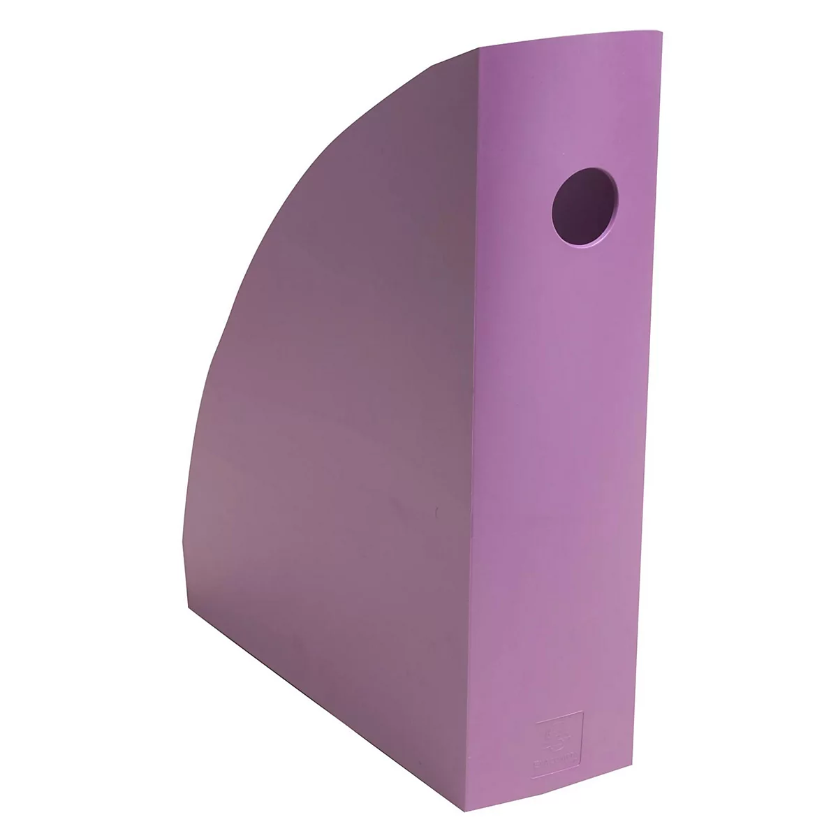 Lilafarbener Zeitschriftenständer mit rundem Griffloch. Die Seiten sind abgerundet.