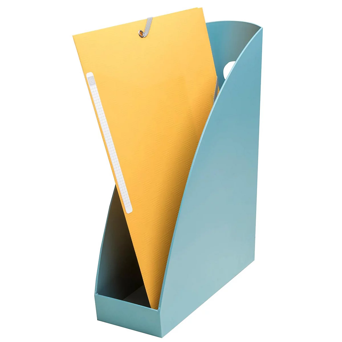 Hellblaues Magazin mit gelbem Umschlag, der mit einem Metallclip befestigt ist.