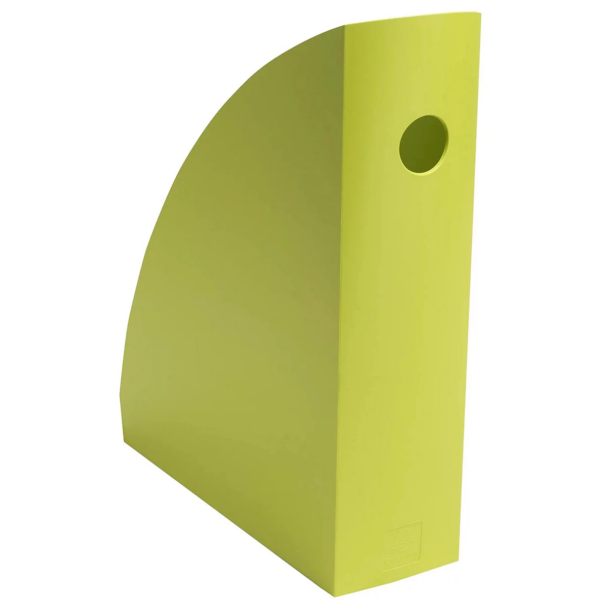 Hellgrüner Zeitschriftenhalter mit rundem Loch und abgerundeter Ecke, freigestellt.