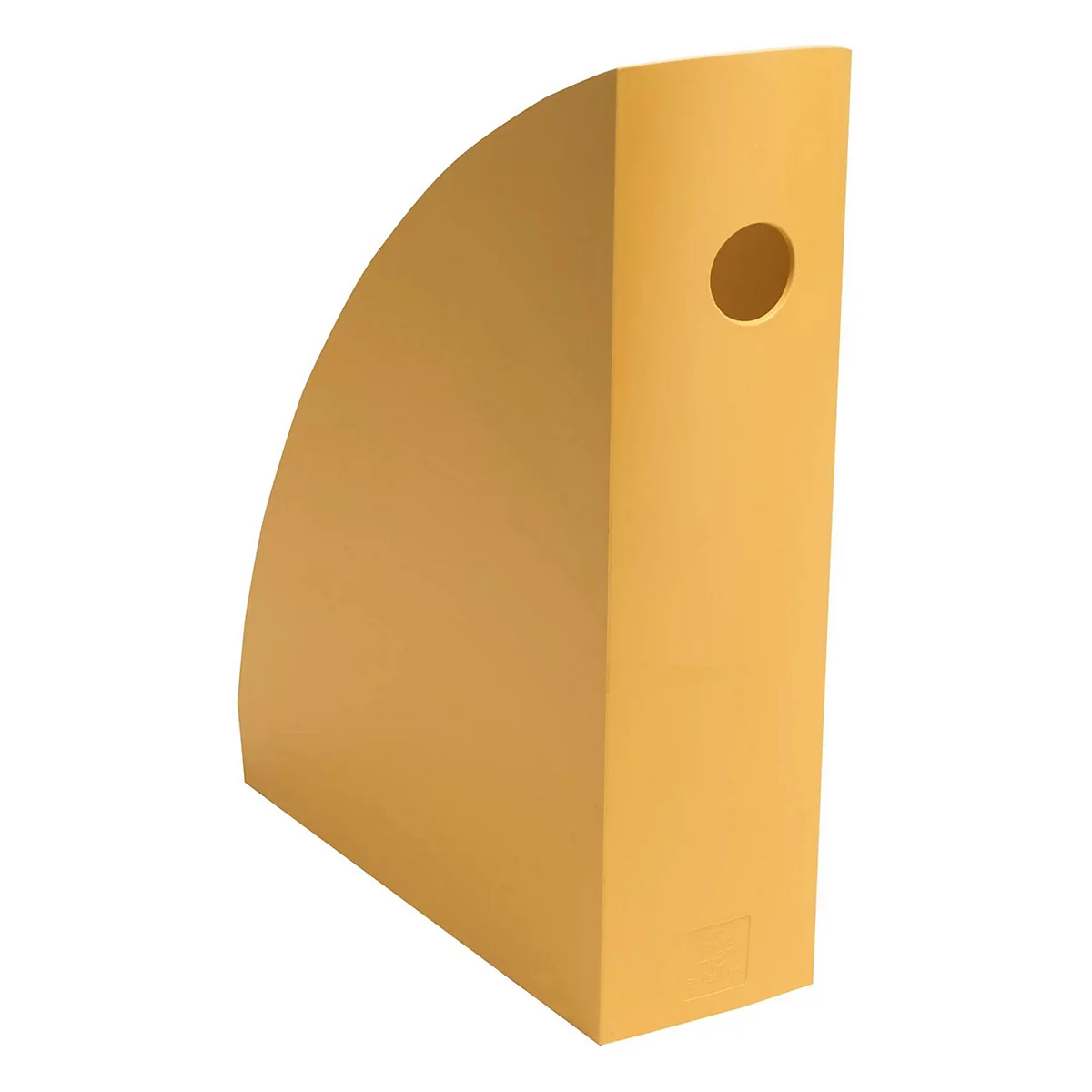 Gelbe Zeitschriftenbox mit rundem Loch. Die Oberseite ist halbkreisförmig.