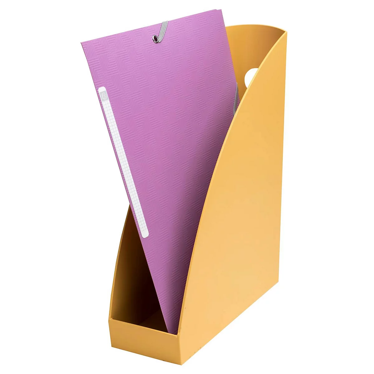 Gelber Zeitschriftenständer mit lilafarbener Mappe; eine silberne Klammer hält die Mappe zusammen.