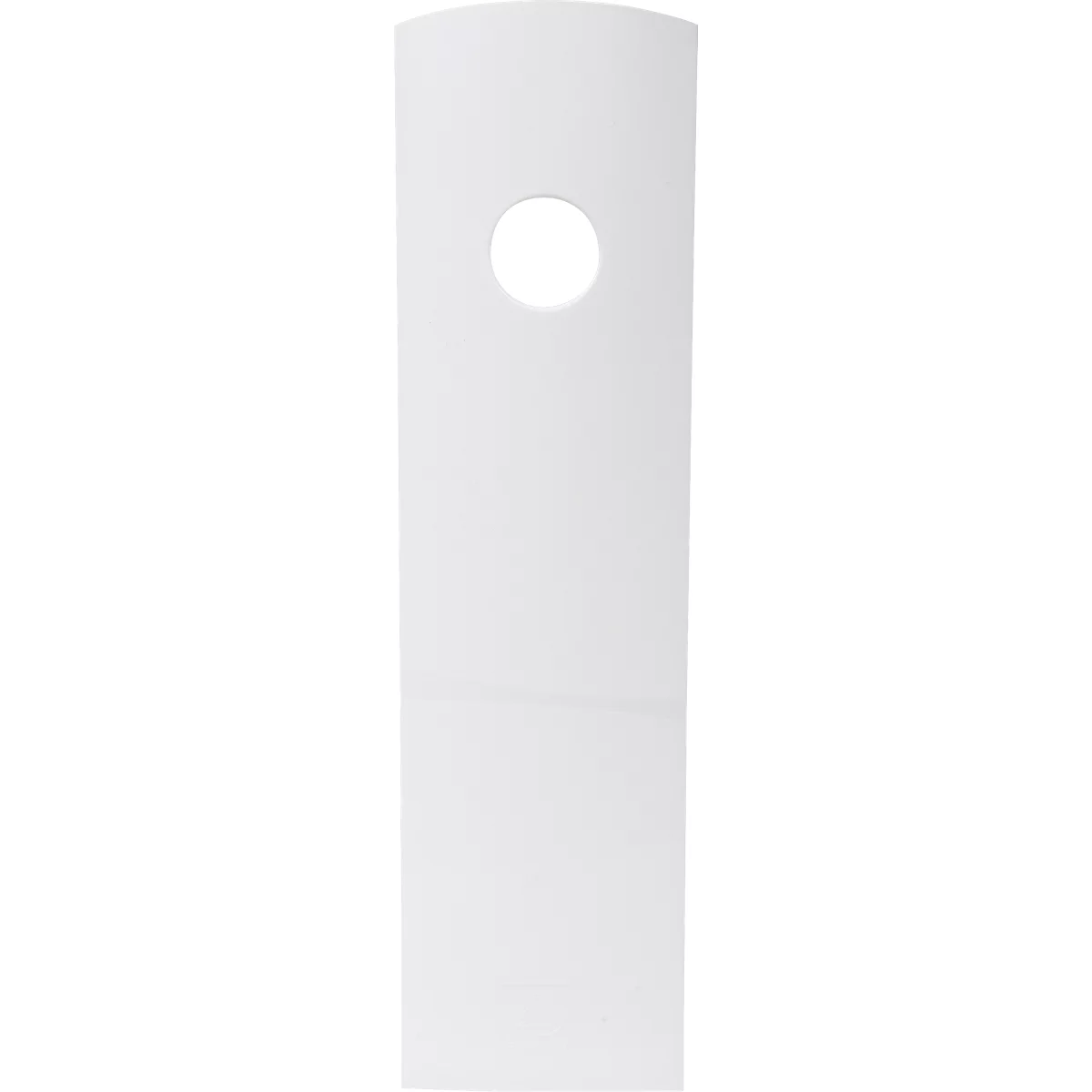 Een wit rechthoekig etiket met een ovaal gat aan de bovenkant.