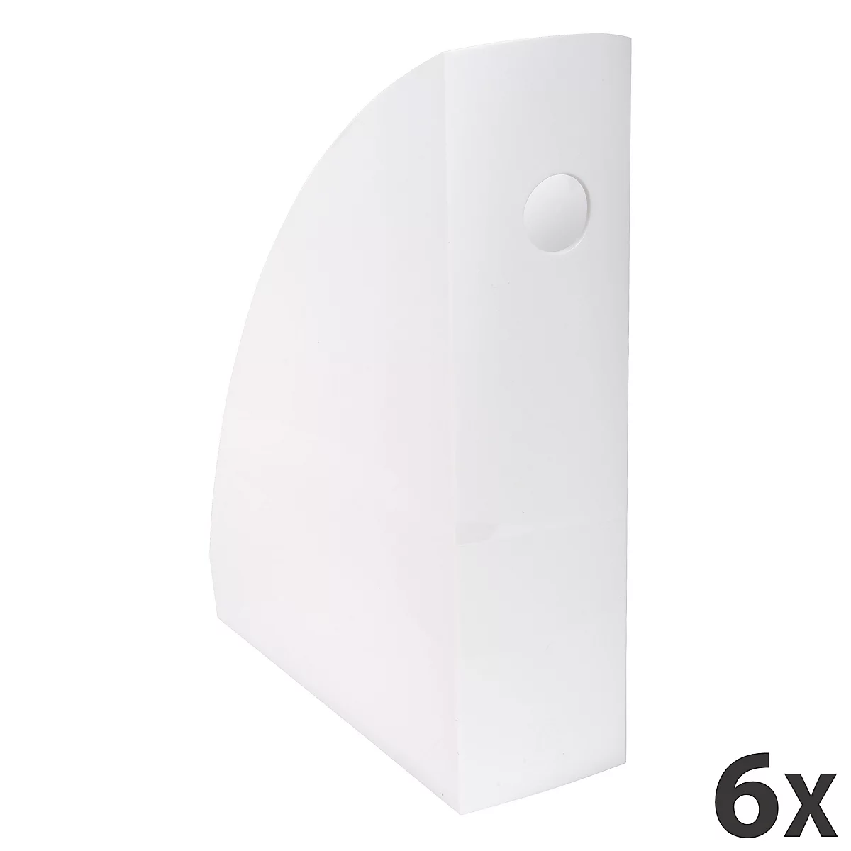Witte tijdschriftenhouder, afgerond aan de zijkant met een handgreep. Tekst "6x".