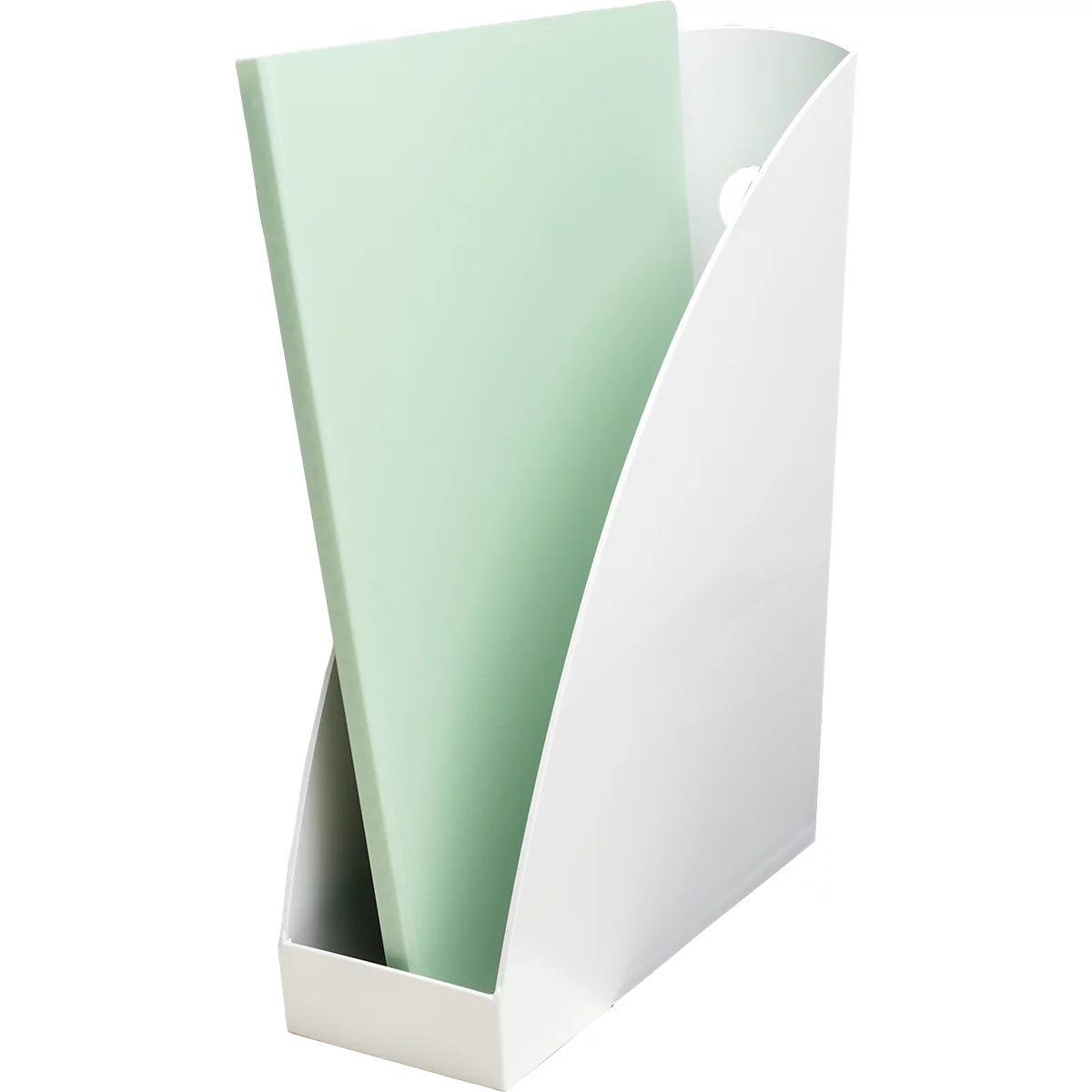 Witte tijdschriftenhouder met groene vellen.