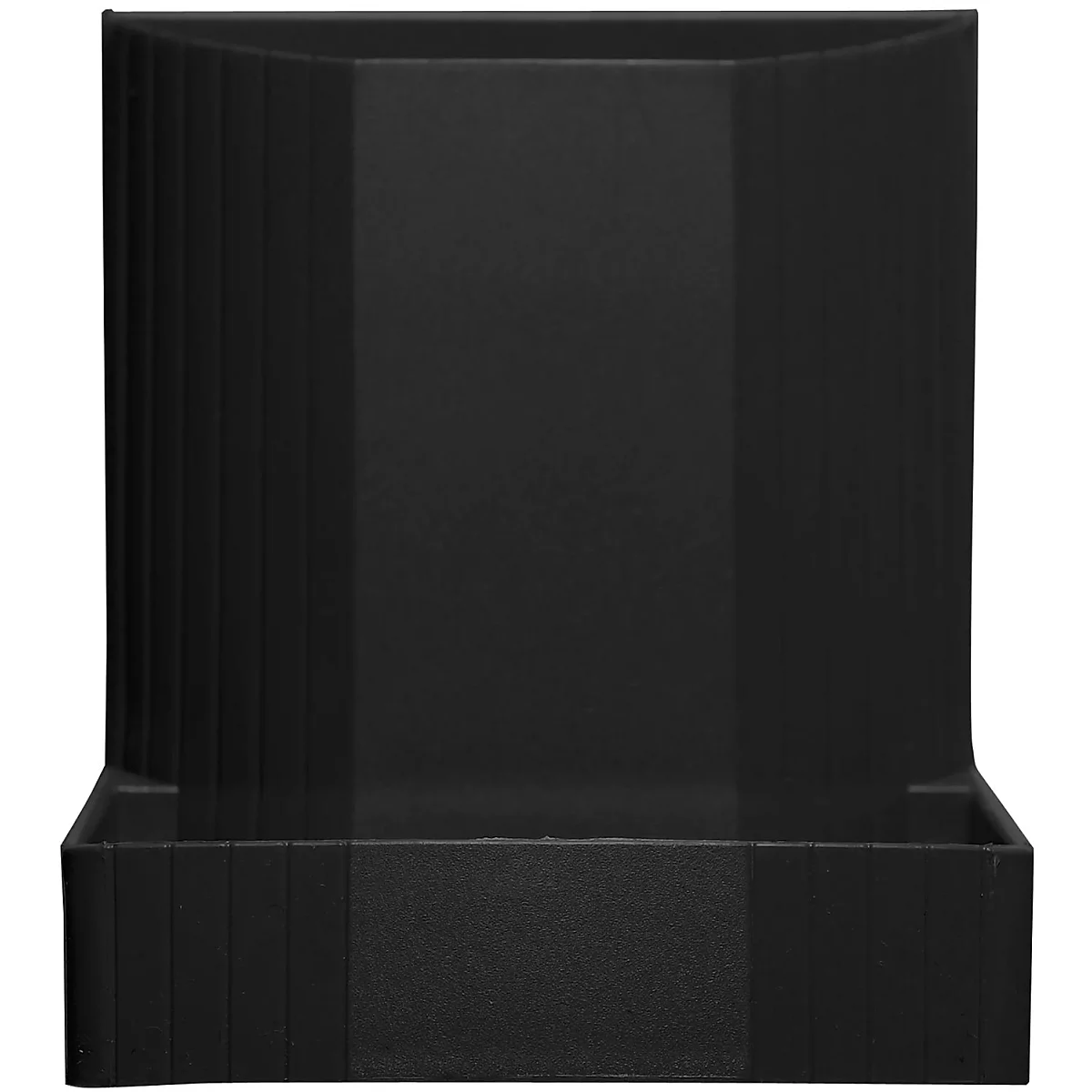 Schwarze, rechteckige Box mit vertikalen, leicht abgerundeten Linien und einer flachen Basis.