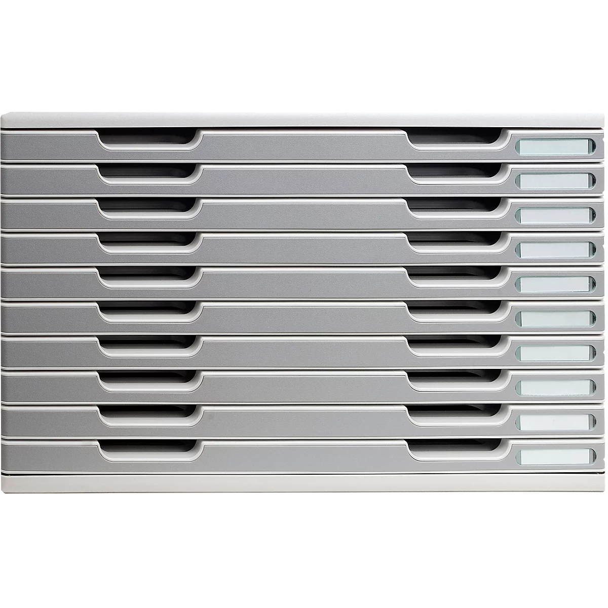 Bac à documents gris à plusieurs niveaux avec poignées encastrées et champs d'étiquetage.