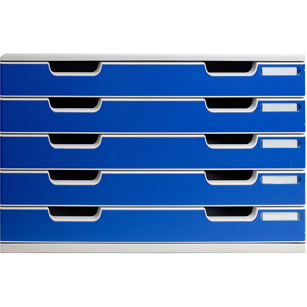 Blauwe bakkenstandaard met vier laden. De laden worden gescheiden door een wit frame.