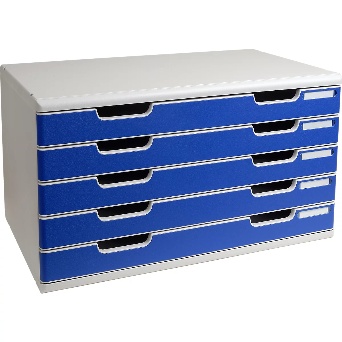 Mehrschichtiger Aktenschrank mit blau-weißen Schubladen.