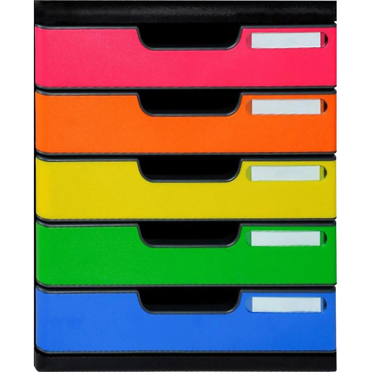 Classeur multicolore avec tiroirs, rouge, orange, jaune, vert et bleu. Les tiroirs ont des étiquettes blanches.