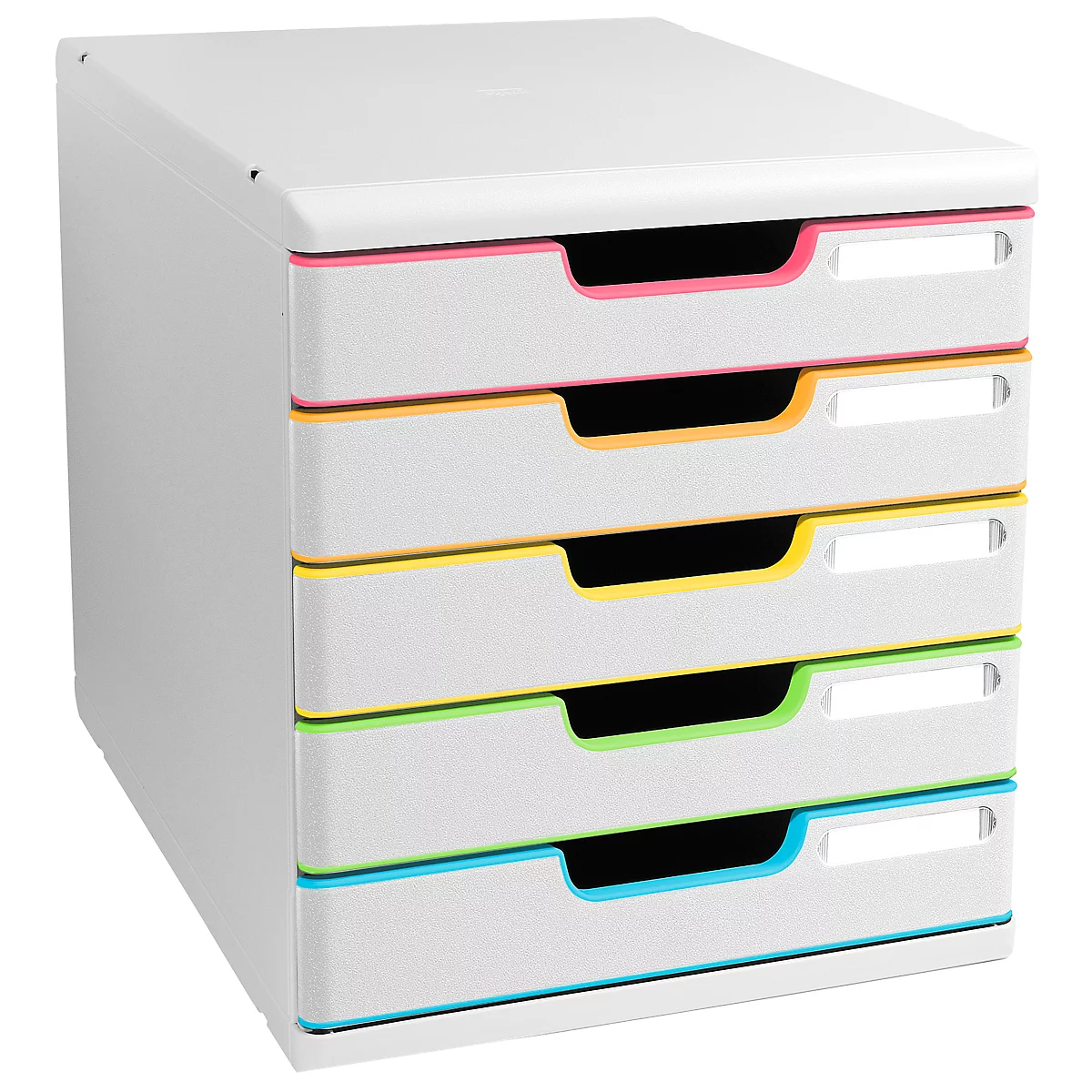 Classeur gris avec quatre tiroirs. Chaque tiroir a des accents colorés en rose, orange, jaune, vert et bleu.