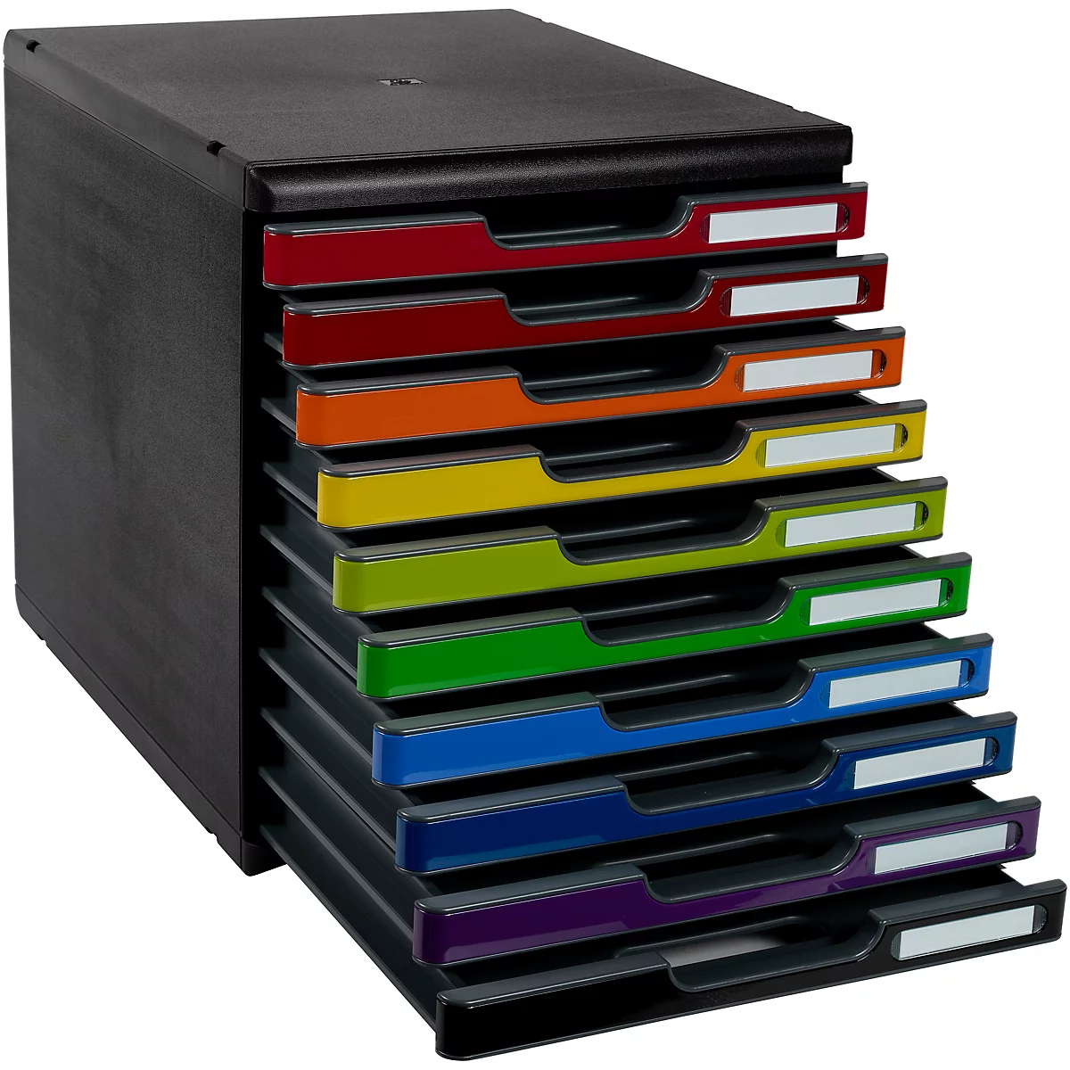 Organisateur de documents noir avec des tiroirs colorés. Chaque tiroir a une étiquette blanche.