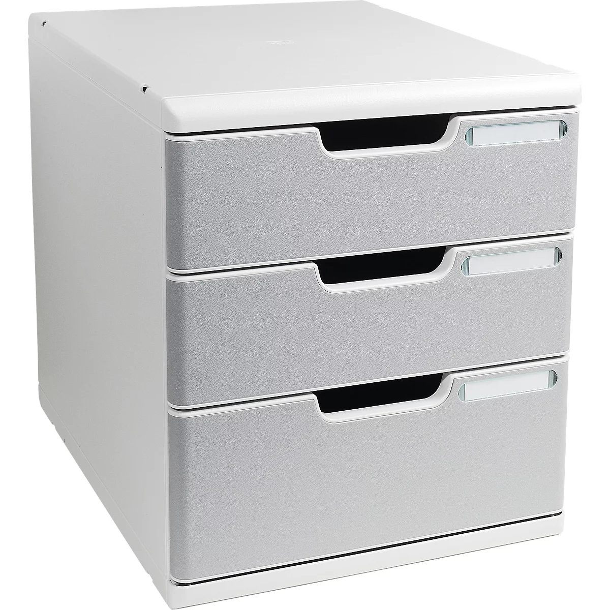 Conteneur de bureau gris avec trois tiroirs, avec poignées encastrées et champs d'étiquettes.