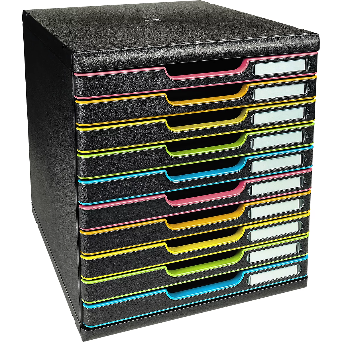 Organisateur de documents noir avec tiroirs colorés. Chaque tiroir a une zone d'étiquette de nom blanche.