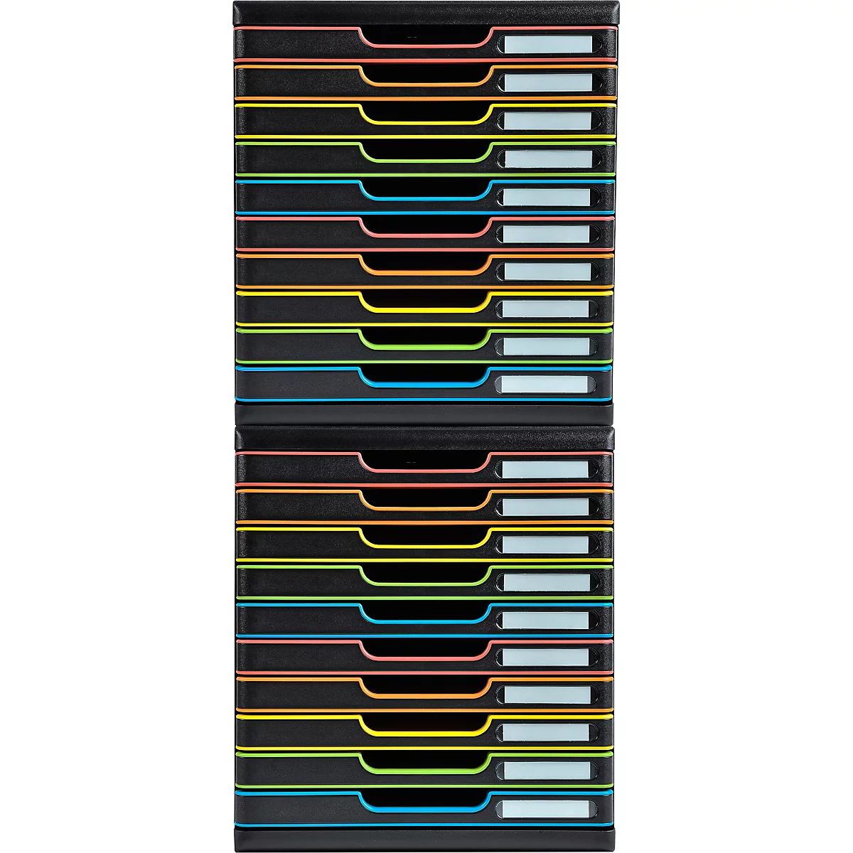Organisateur de documents noir avec des tiroirs colorés en bleu, vert, jaune et orange. Chaque tiroir a un champ d'étiquette blanc.